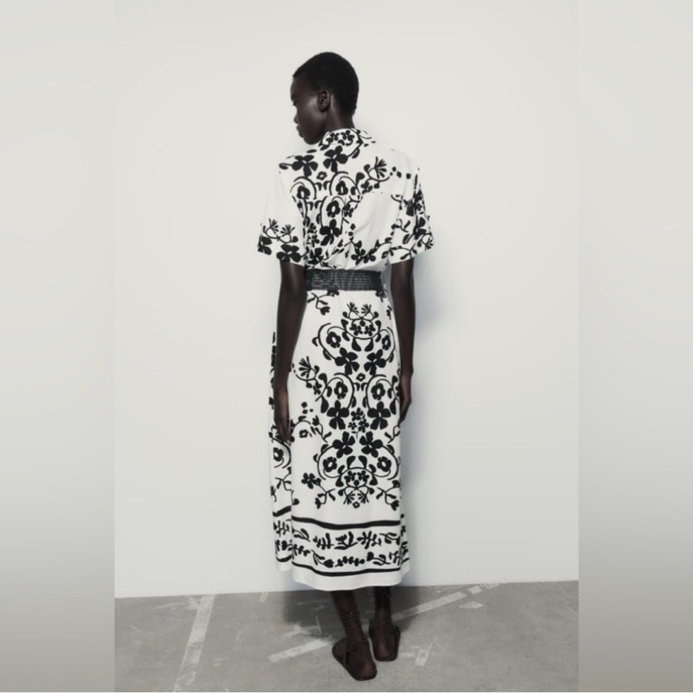 Linen Blend Zara Shirt Dress Minimalist Black White Print Button Down Pockets XL - Picture 3 of 16